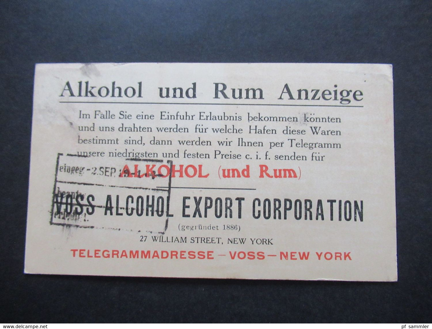 USA 1919 Gedruckte Ganzsache Kurz Vor Der Prohibition Alkohol Und Rum Anzeige / Einfuhr Erlaubnis Voss Alcohol Export - Covers & Documents