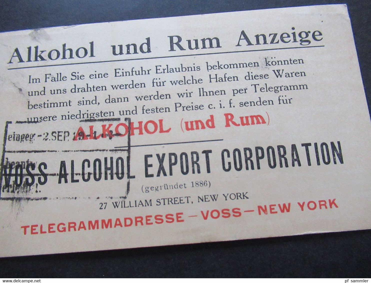 USA 1919 Gedruckte Ganzsache Kurz Vor Der Prohibition Alkohol Und Rum Anzeige / Einfuhr Erlaubnis Voss Alcohol Export - Storia Postale