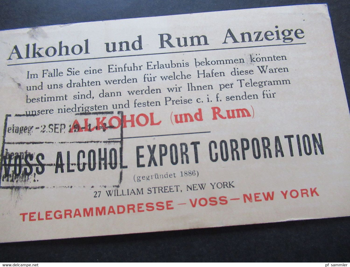 USA 1919 Gedruckte Ganzsache Kurz Vor Der Prohibition Alkohol Und Rum Anzeige / Einfuhr Erlaubnis Voss Alcohol Export - Lettres & Documents