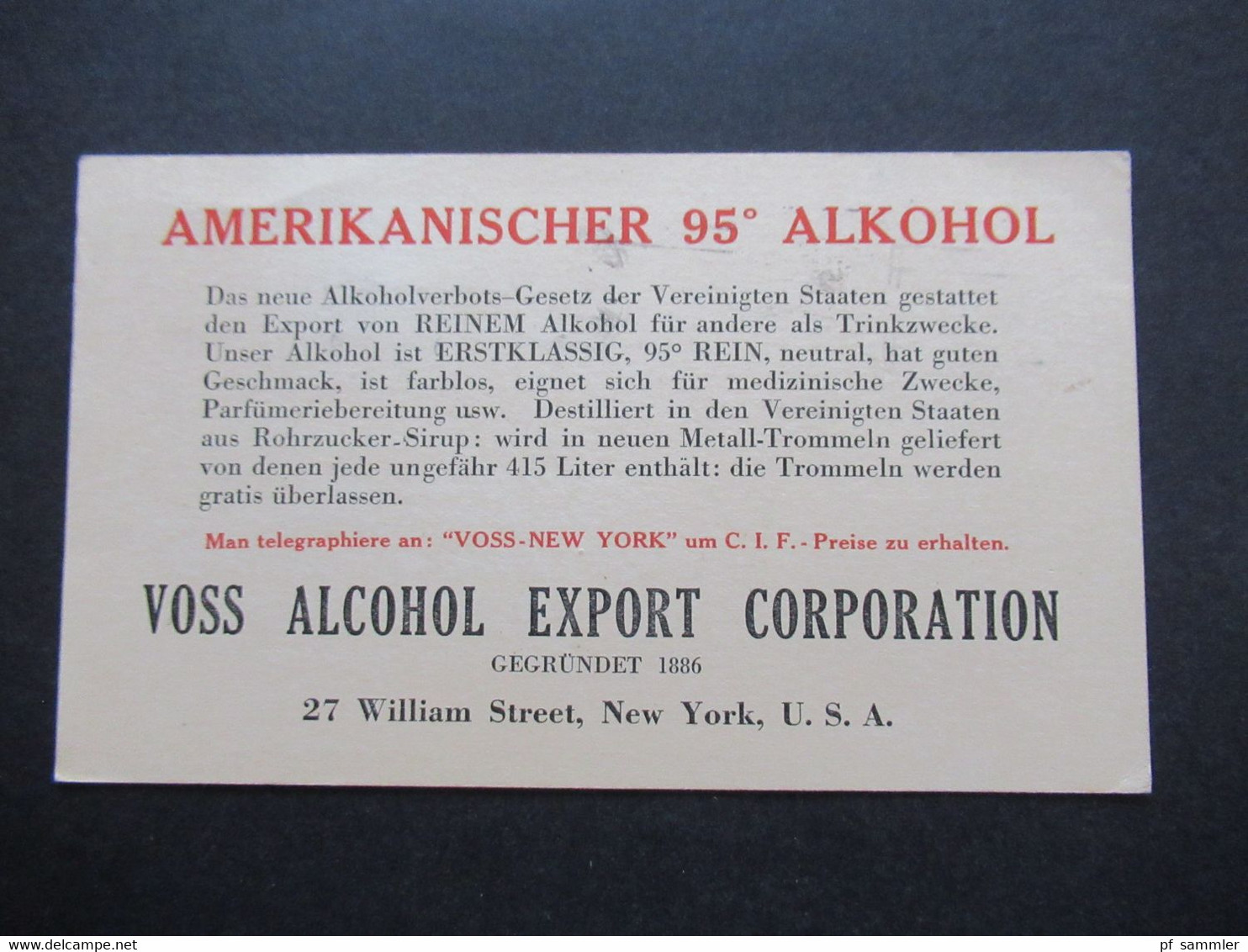 USA Gedruckte Ganzsache In Der Prohibition Amerikanischer 95er Alkohol Voss Alcohol Export New York - Covers & Documents