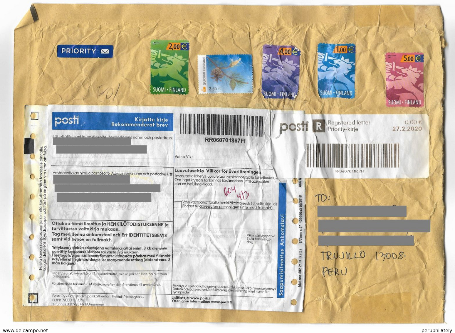 Finland Registered Cover With Lion & Flora Stamps Sent To Peru - Briefe U. Dokumente