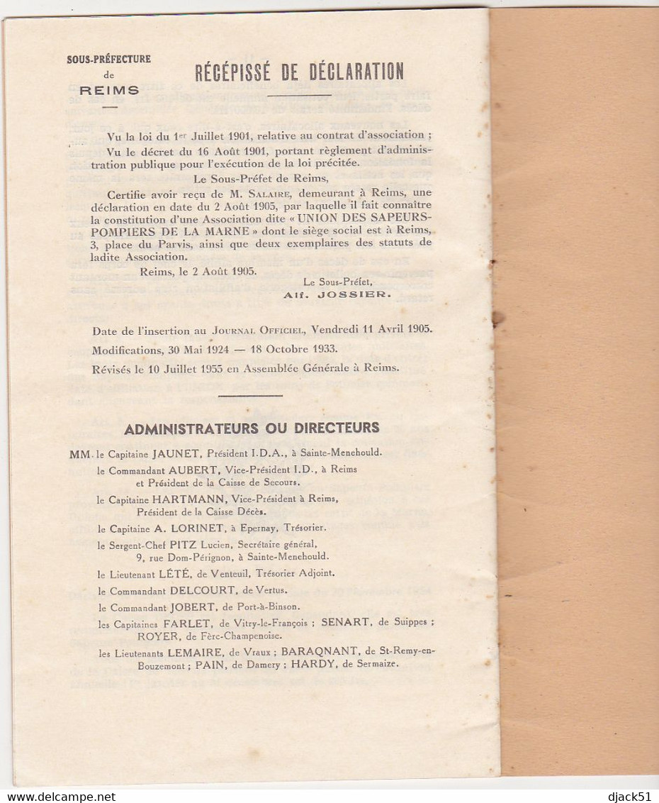 UNION Des SAPEURS-POMPIERS De La Marne - STATUTS - 1955 - Décrets & Lois