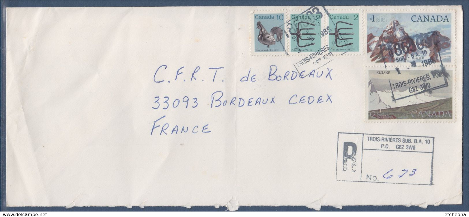 Canada Pour La France Enveloppe  Recommandée De Trois-Rivières 1.VIII.1985 Avec 5 Timbres - Einschreibemarken