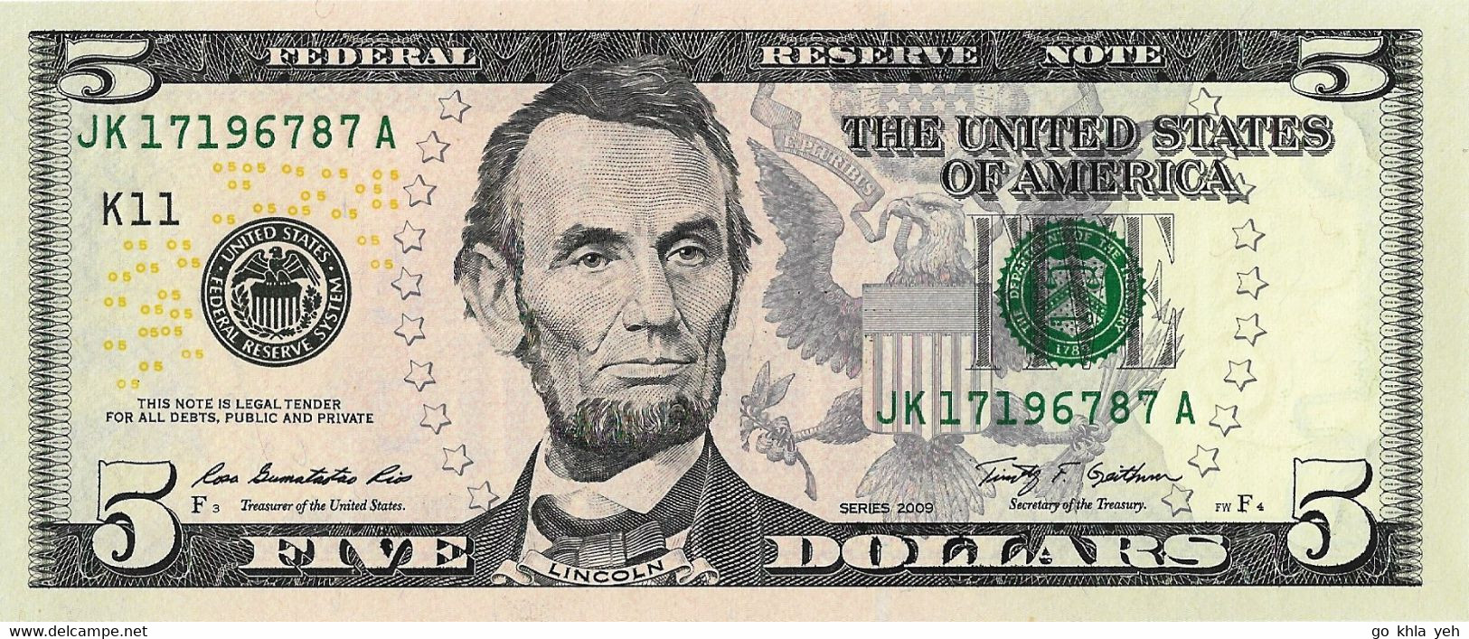 ETATS-UNIS 2009 5 Dollar - P.531-K  Neuf UNC - Federal Reserve Notes (1928-...)