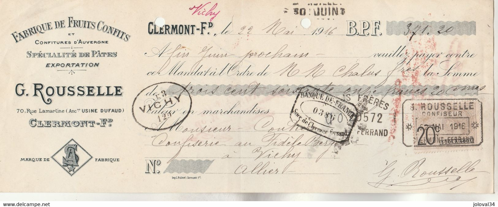 Lettre Change 22/5/1916 ROUSSELLE Confiseur Fruits Confits Confitures Pâtes  CLERMONT FERRAND Puy De Dôme Timbre Fiscal - Bills Of Exchange