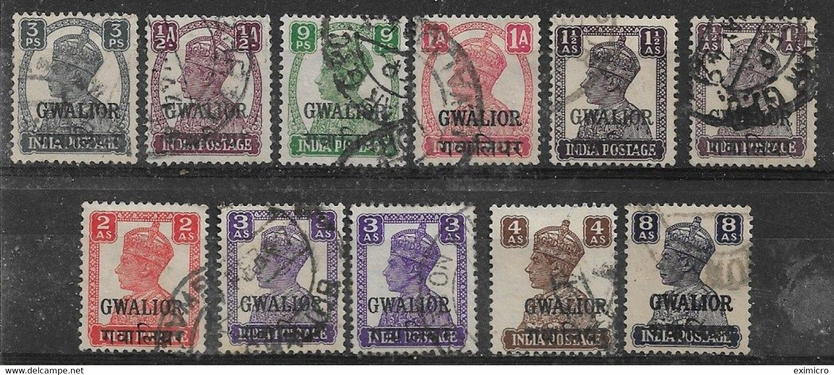 INDIA - GWALIOR 1942 - 1945 ALL DIFFERENT VALUES TO 8a SG 118/125, 127 FINE USED Cat £10+ - Gwalior