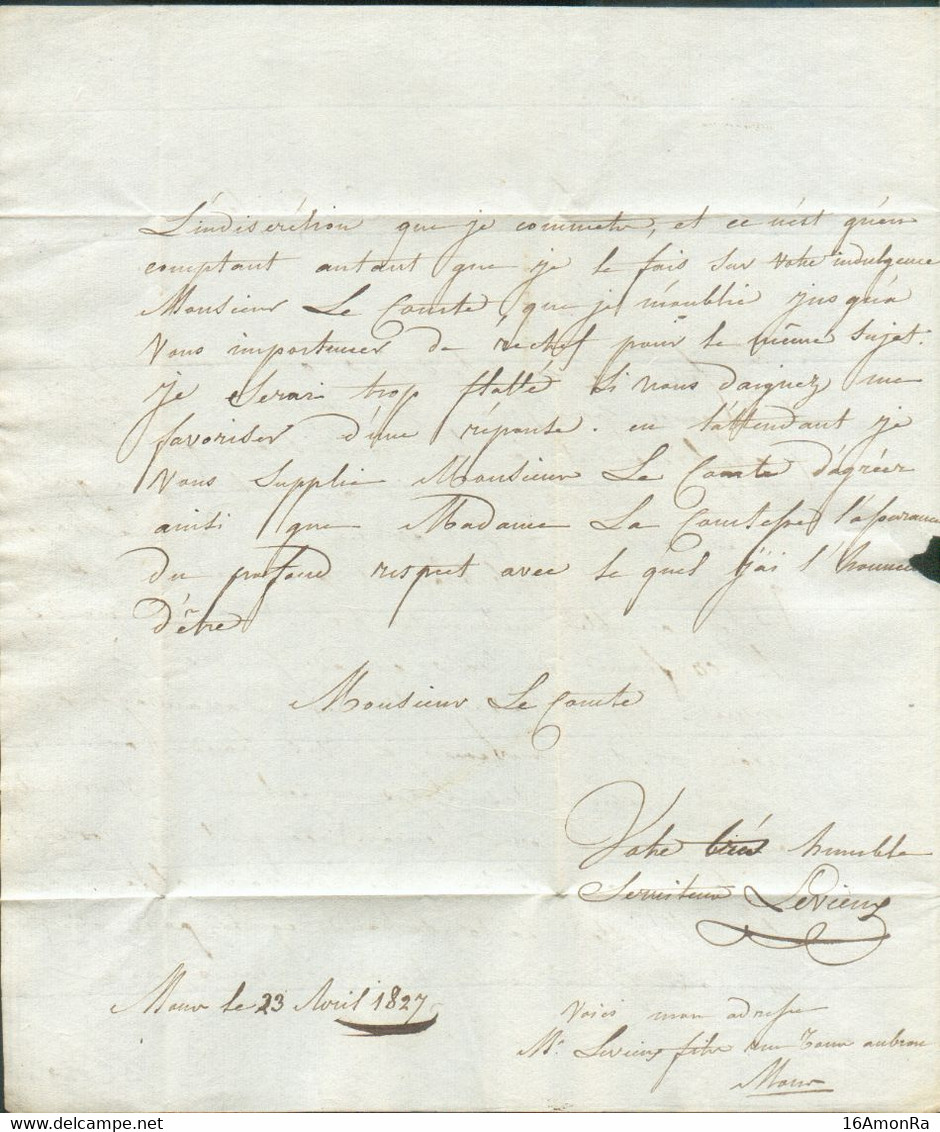 LAC De MONS Le 23 Avril 1827 Au Comte Vandermeere De Cruyshautem, Chambellan De S.Majesté, ... à Bruxelles. - TB  - 1688 - 1815-1830 (Hollandse Tijd)