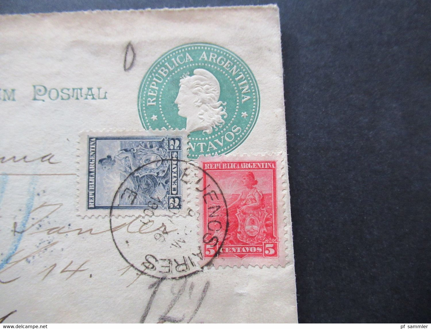 Argentinien 1900 Memorandum Postal Ganzsachen Umschlag Mit 2 Zusatzfrankaturen Nach Mannheim Mit T-Stempel / Nachporto - Entiers Postaux