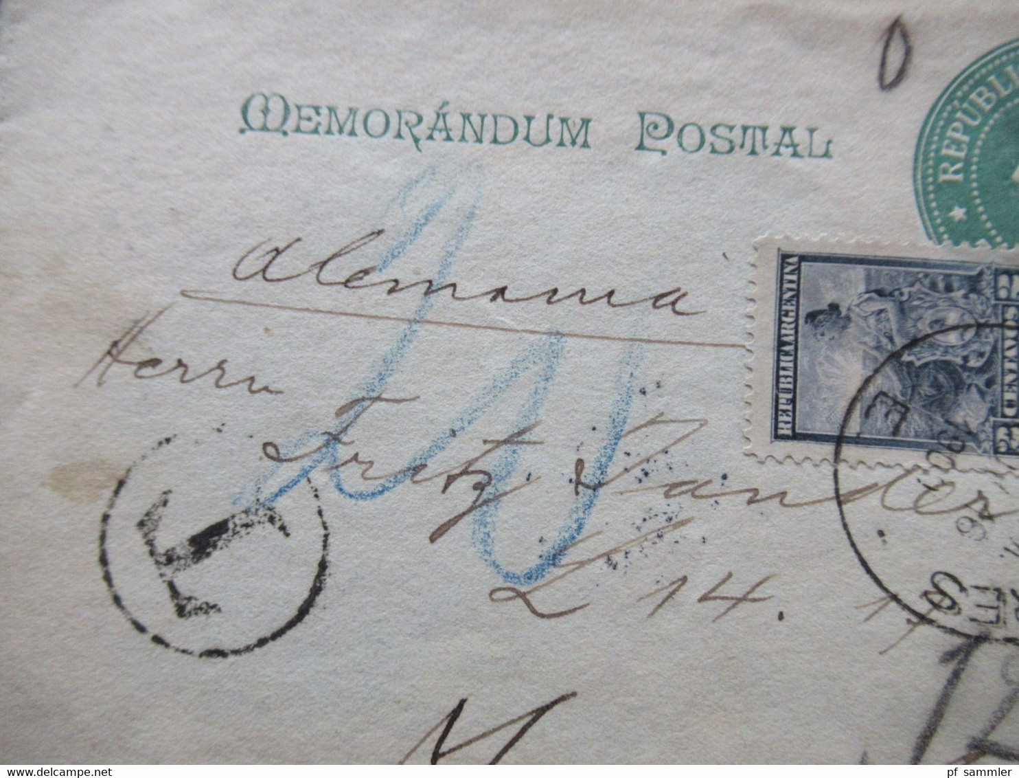 Argentinien 1900 Memorandum Postal Ganzsachen Umschlag Mit 2 Zusatzfrankaturen Nach Mannheim Mit T-Stempel / Nachporto - Interi Postali