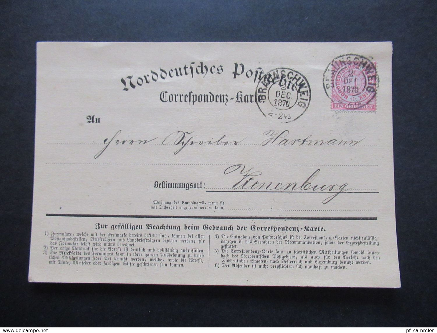 AD NDP 2.12.1870 Michel Nr. 16 EF Correspondenz Karte Nordeutsches Postgebiet Stempel K2 Braunschweig Nach Vienenburg - Briefe U. Dokumente