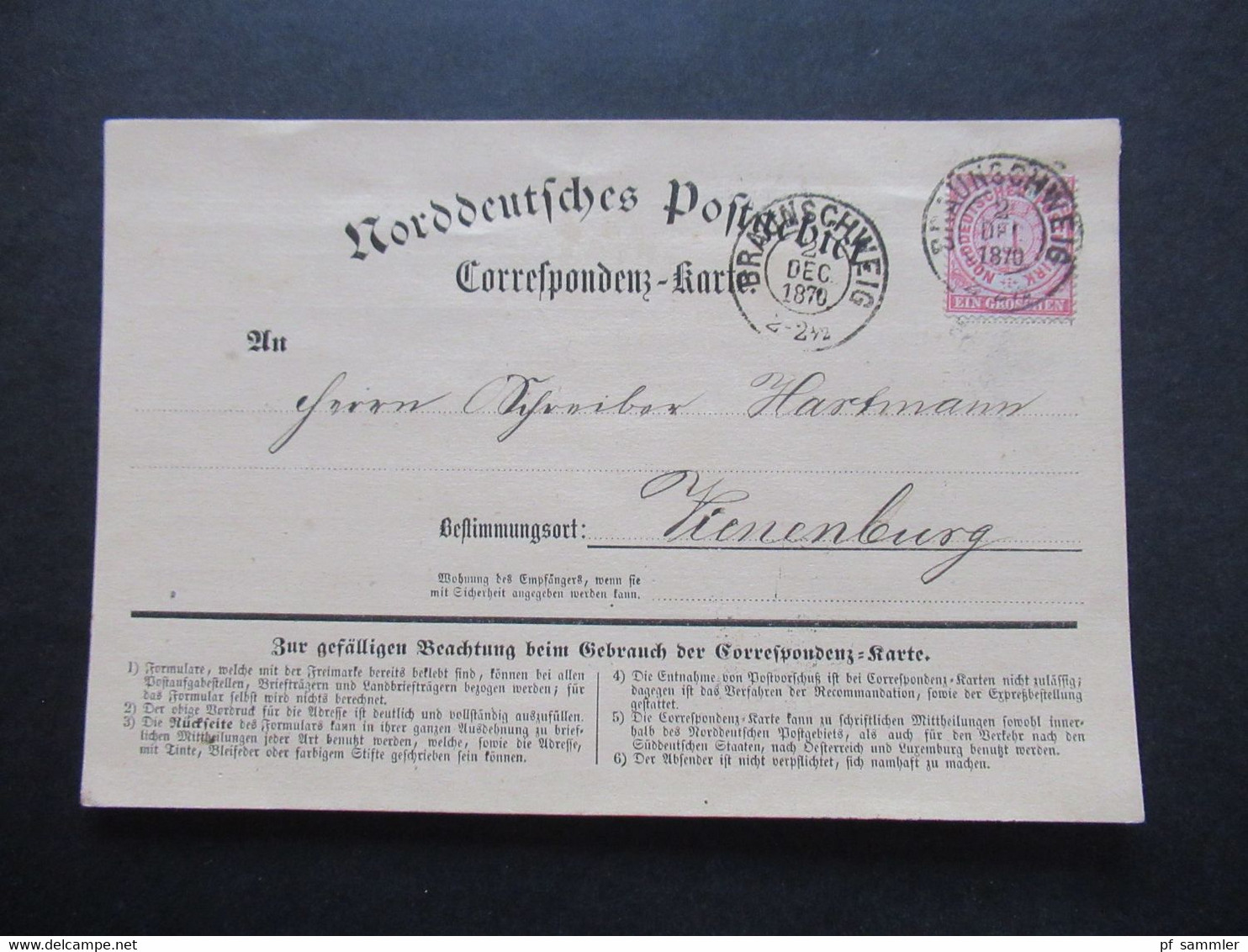 AD NDP 2.12.1870 Michel Nr. 16 EF Correspondenz Karte Nordeutsches Postgebiet Stempel K2 Braunschweig Nach Vienenburg - Lettres & Documents