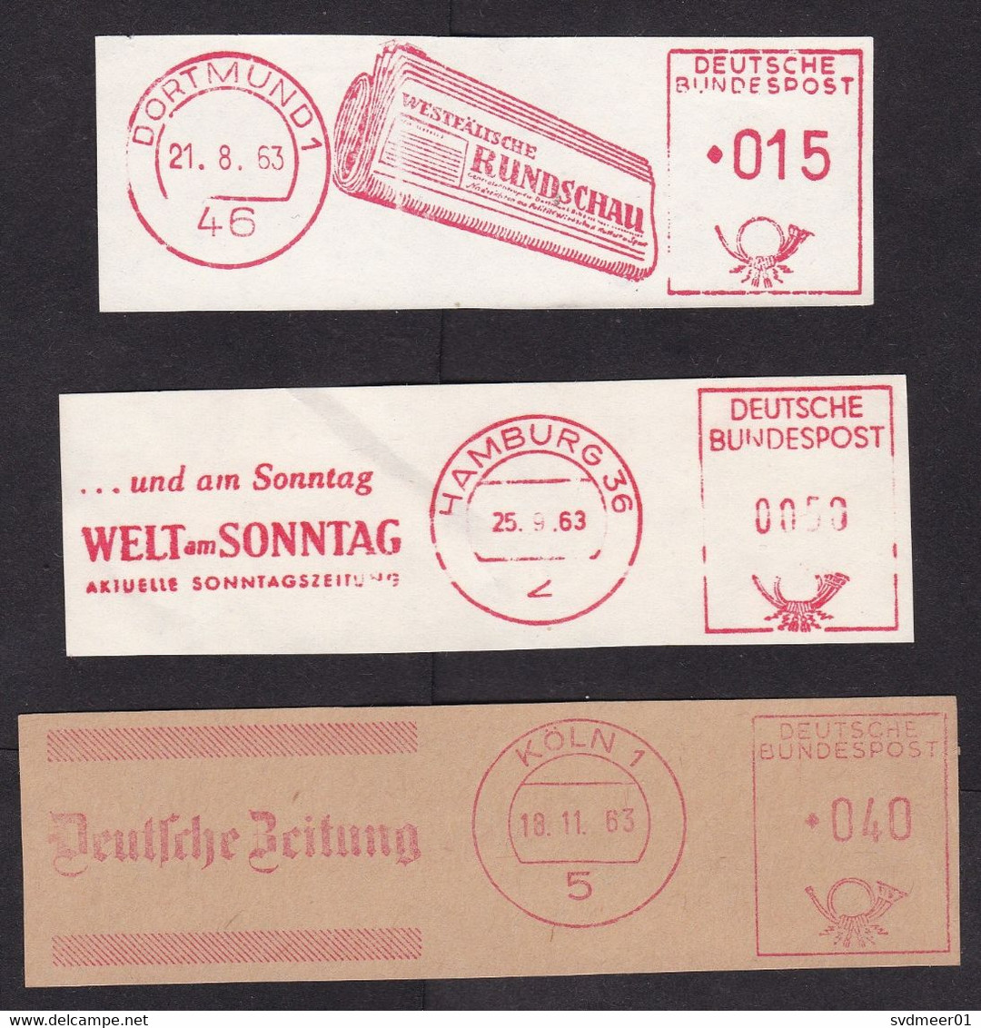 Germany: 3x Meter Cancel, Cut Out, 1963, Newspaper, Journalism, Press, Media (traces Of Use) - Covers & Documents