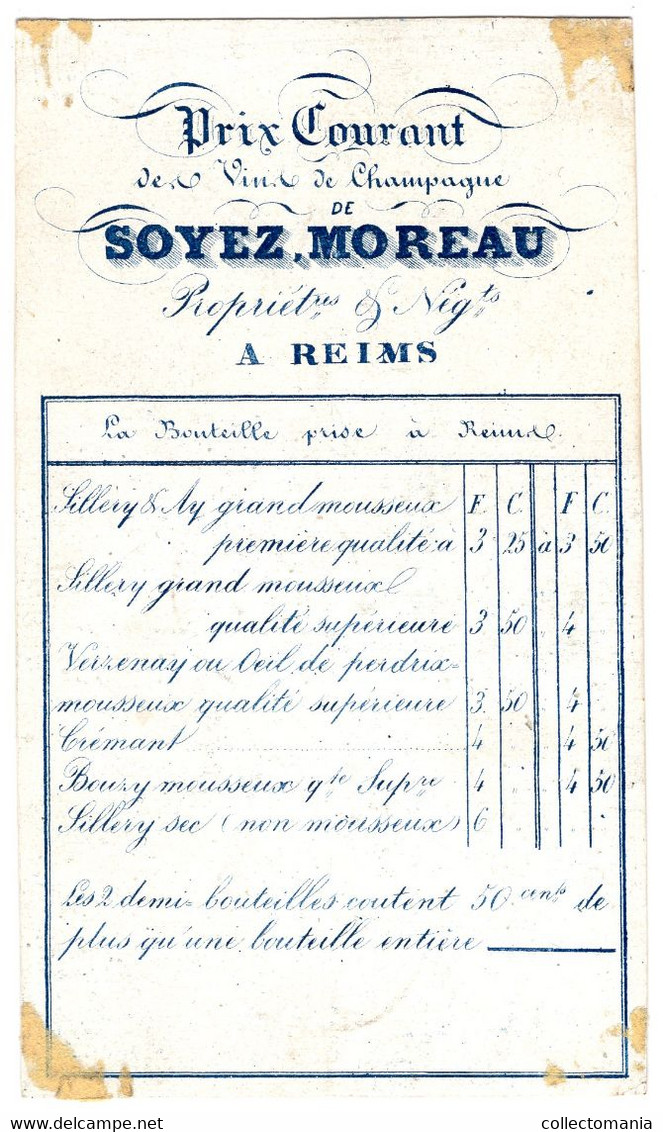 Carte Porcelaine CHAMPAGNE Soyez Moreau RHEIMS  Prix Courant - Champán & Cava