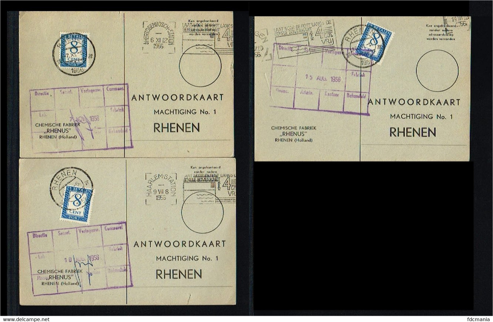 1956 - Netherlands Reply Card - 8ct Postage Due [A86_032C] - Poststempels/ Marcofilie