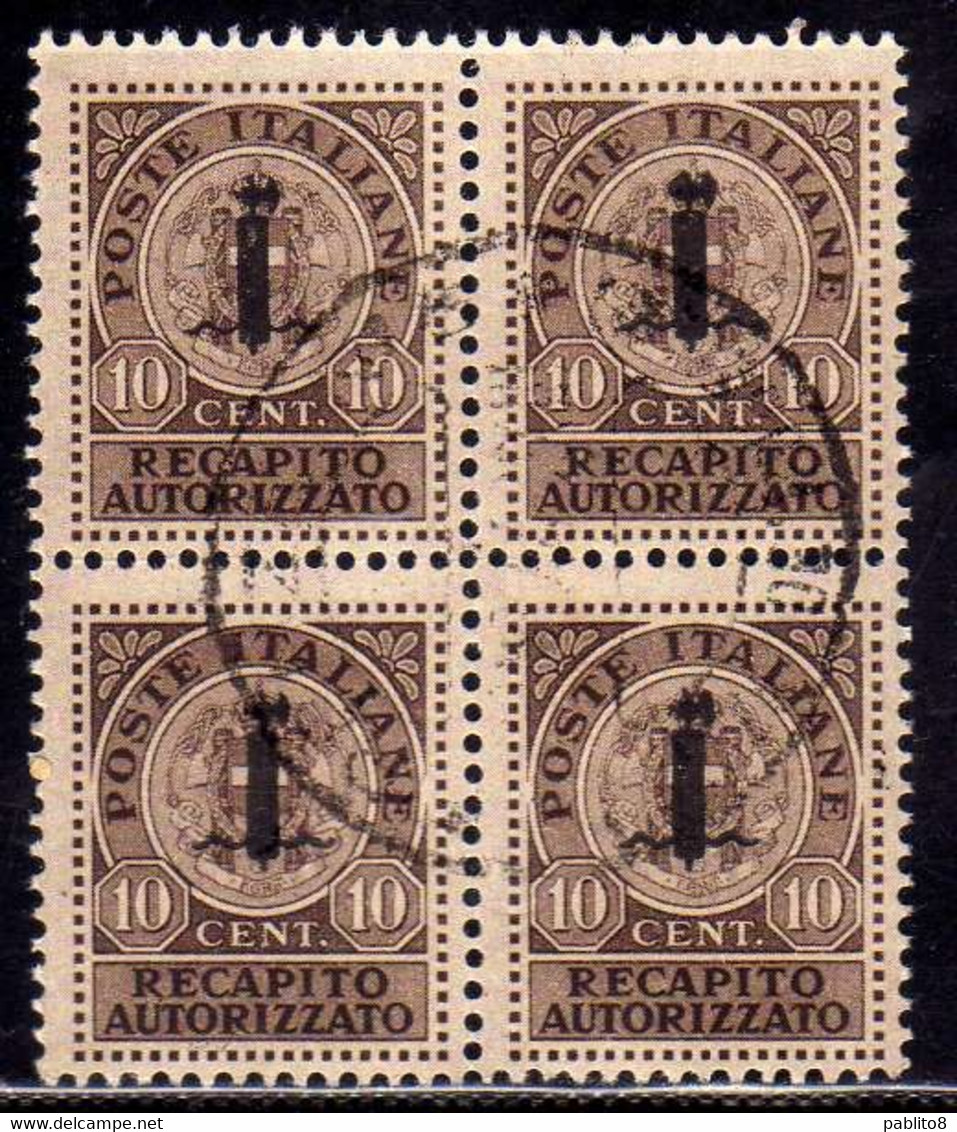ITALIA REGNO ITALY KINGDOM 1944 REPUBBLICA SOCIALE ITALIANA RSI RECAPITO AUTORIZZATO CENT. 10 QUARTINA USATA BLOCK USED - Fiscaux
