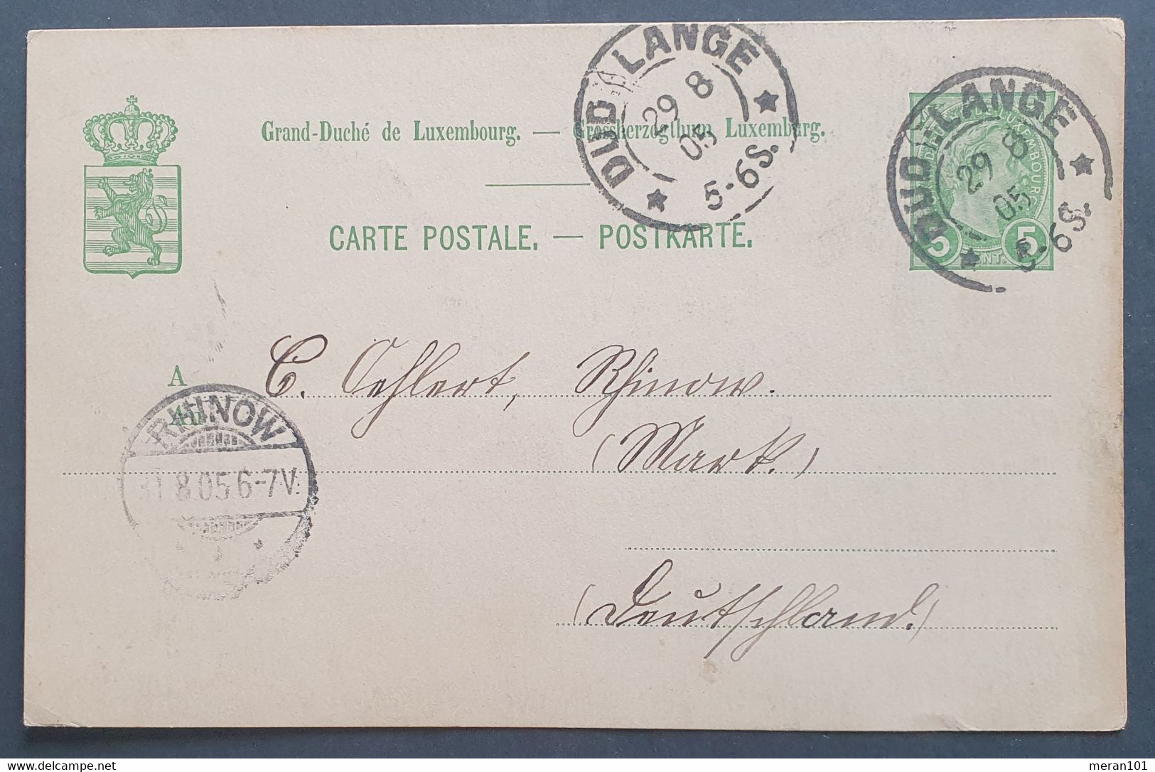 Luxemburg 1905, Ganzsache Postkarte DUDELANGE Gelaufen RHINOW - Sonstige & Ohne Zuordnung