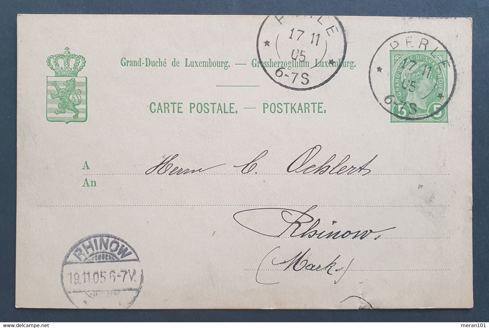 Luxemburg 1905, Ganzsache Postkarte PERLE Gelaufen RHINOW - Autres & Non Classés