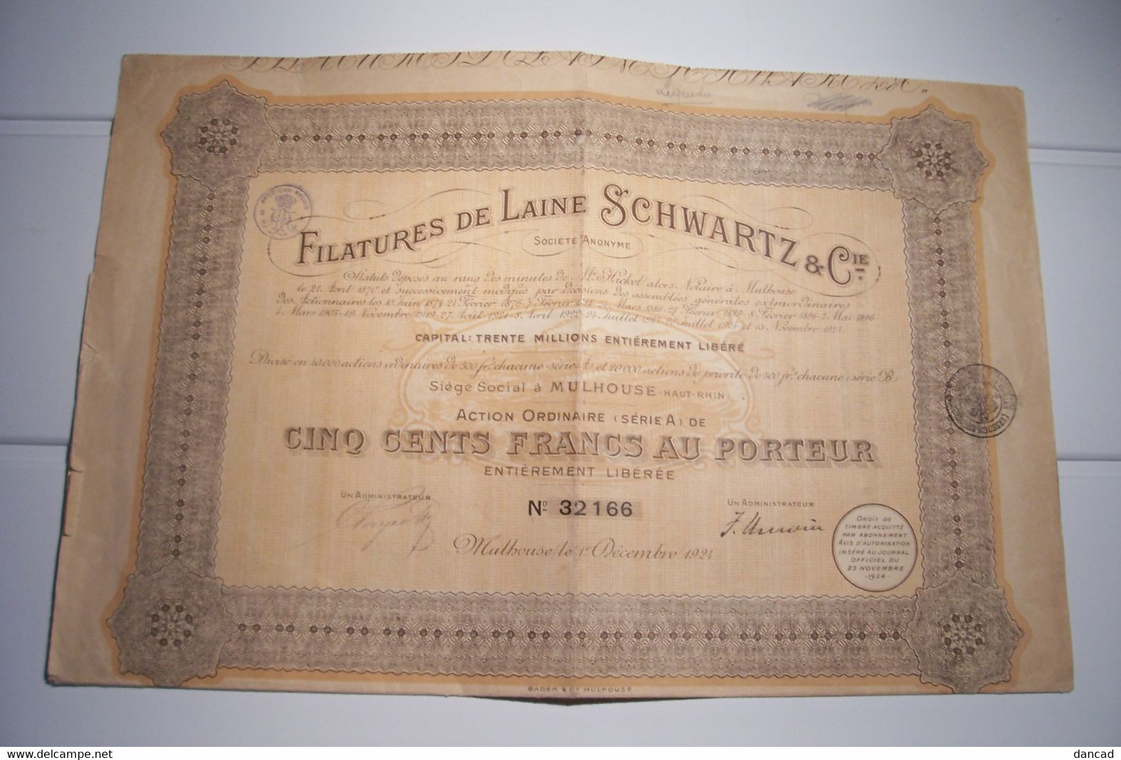 FILATURE DE LAINE   SCHWARTZ &Cie  - CINQ CENT FRANCS  - CAPITAL :TRENTE  MILLONS - ( 1924 ) - Textile
