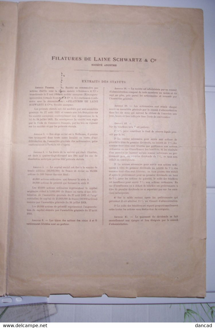 FILATURE DE LAINE   SCHWARTZ &Cie  - CINQ CENT FRANCS  - CAPITAL :TRENTE  MILLONS - ( 1924 ) - Textile