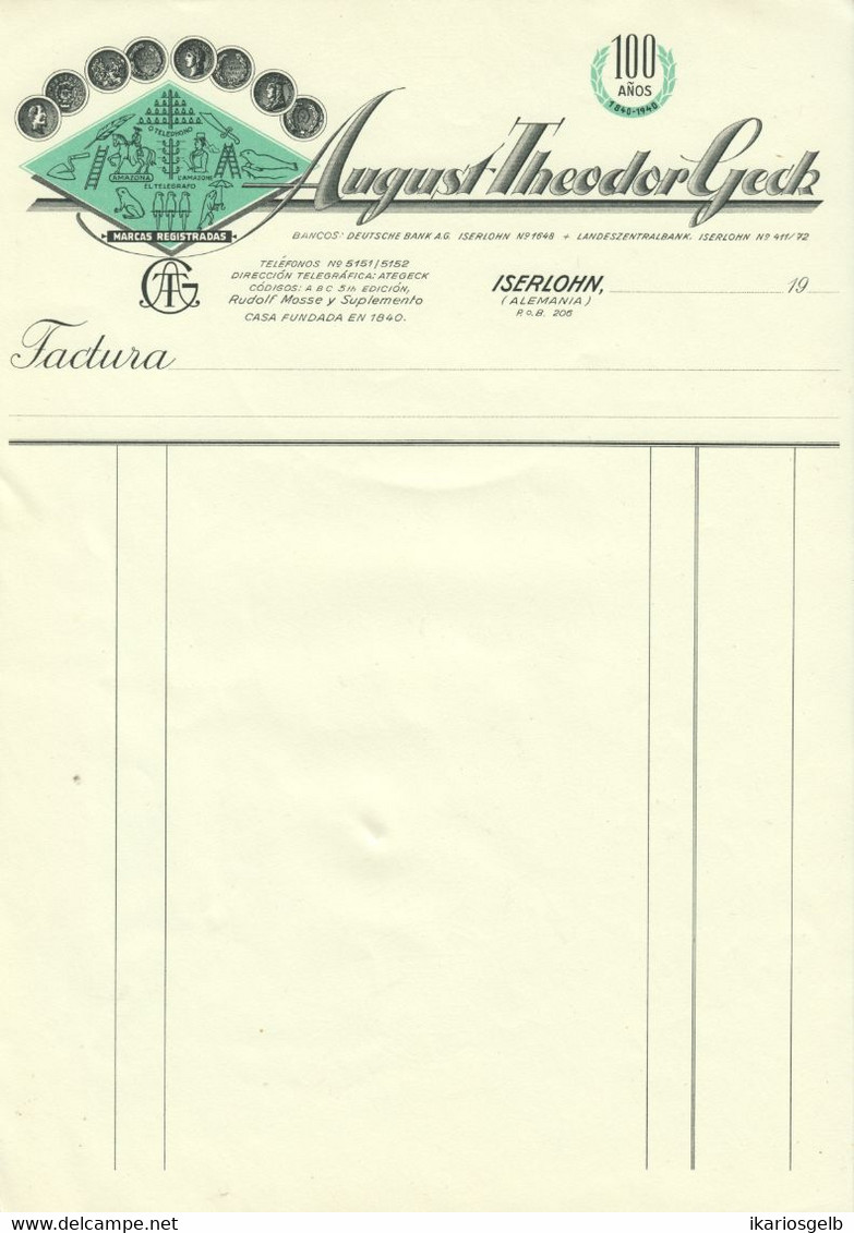 ISERLOHN ( Heute Hagen )1940 Besonders Deko Rechnung " August Theodor Geck Metallwaren " Facture Fattura A4 Druckfrisch - Transportmiddelen