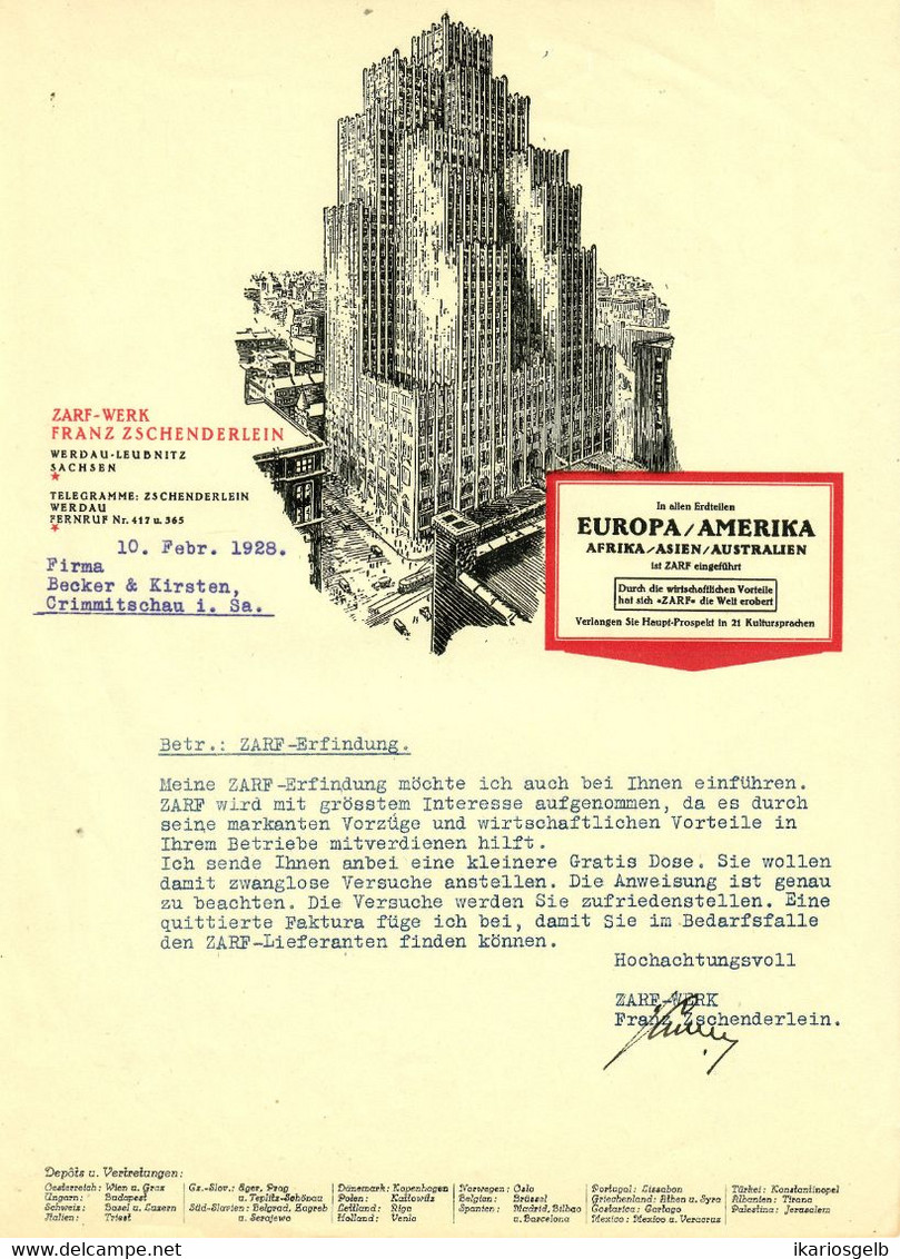 WERDAU Leubnitz Sachsen Krs Zwickau 1928 Besonders Deko Rechnung " Franz Zschenderlein Zarfwerk " Facture Fattura - Verkehr & Transport