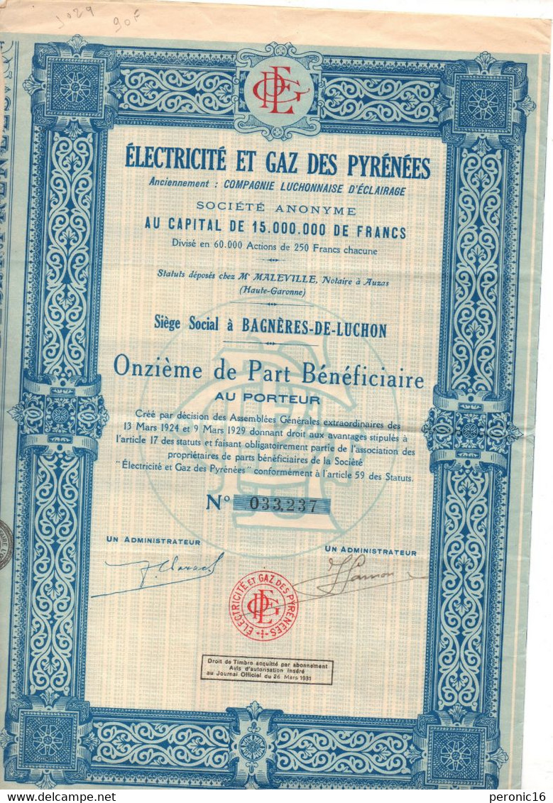 Actions - BAGNERE DE LUCHON - Electricité Et Gaz Des Pyrénées 1931 - Elektriciteit En Gas