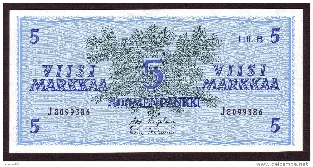 Billet - FINLANDE - 5 Markkaa - De 1963 - Litt. B  Pick 106A - Finland