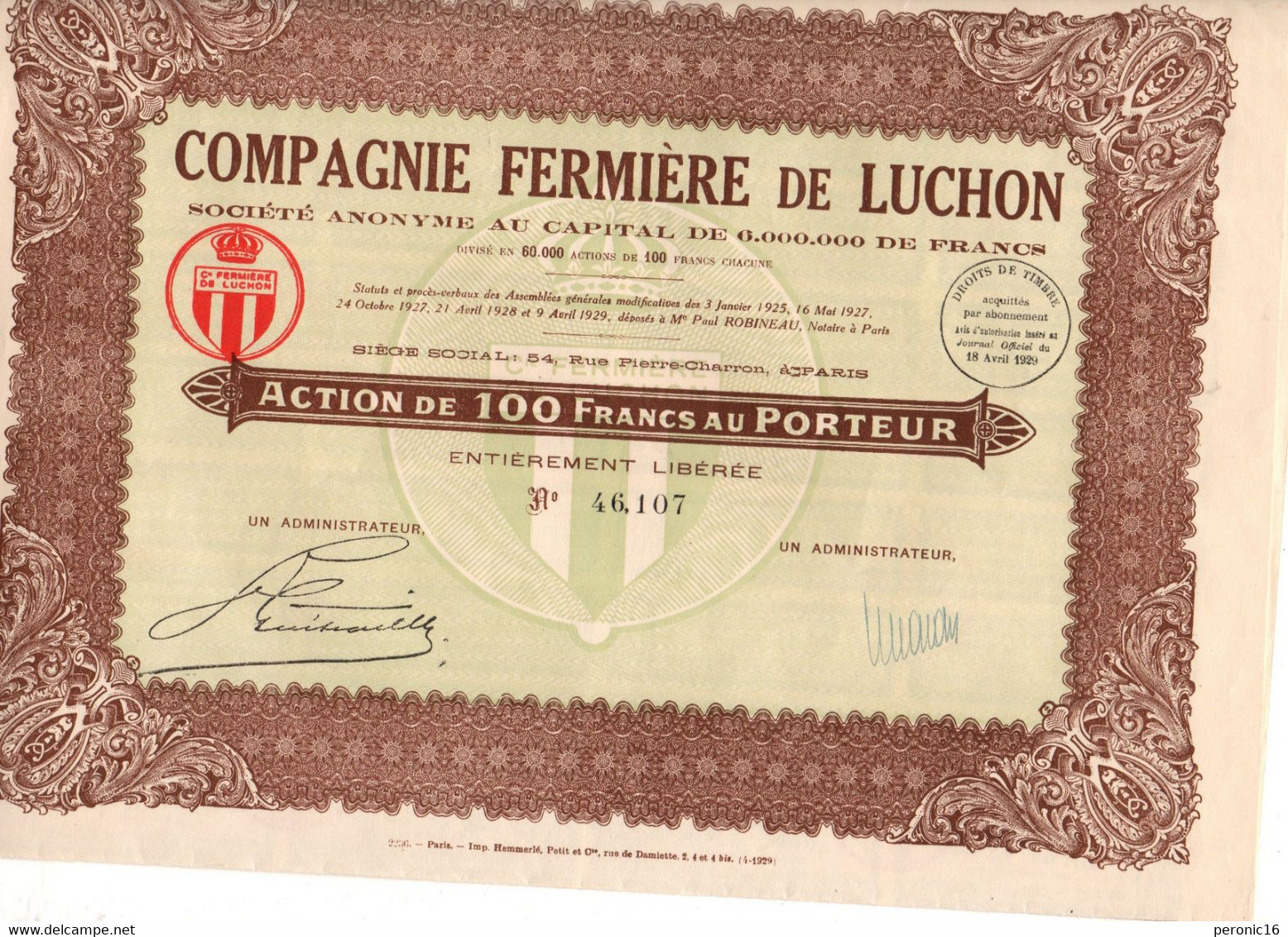 Actions -  COMPAGNIE FERMIERE DE LUCHON  1929 - Elektriciteit En Gas