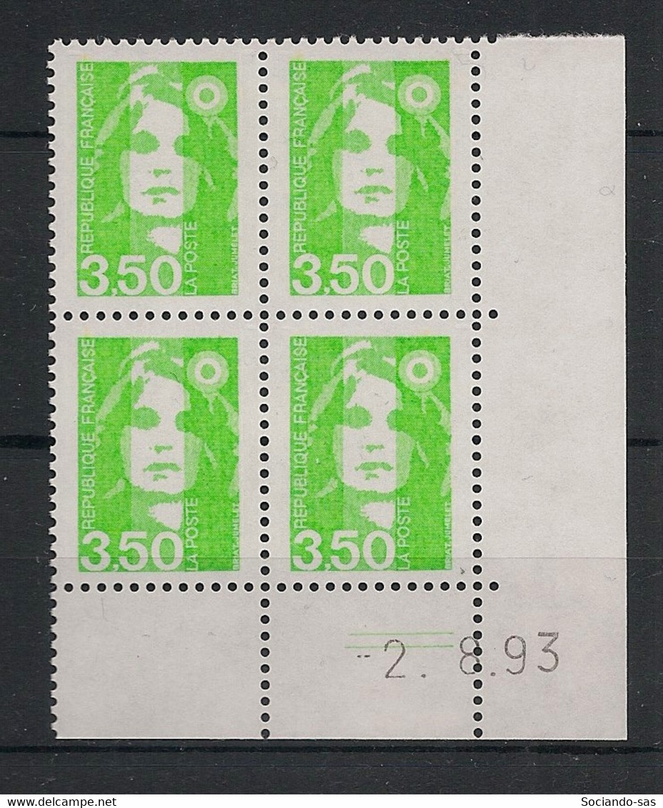 France - 1993 - N°Yv. 2821 - Marianne De Briat 3f50 Vert Clair - Bloc De 4 Coin Daté - Neuf Luxe ** / MNH / Postfrisch - 1990-1999