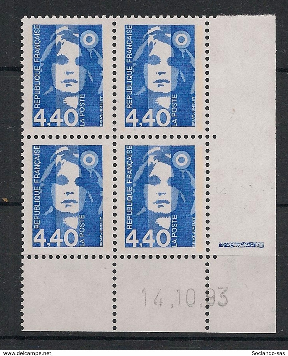 France - 1993 - N°Yv. 2822 - Marianne De Briat 4f40 Bleu - Bloc De 4 Coin Daté - Neuf Luxe ** / MNH / Postfrisch - 1990-1999