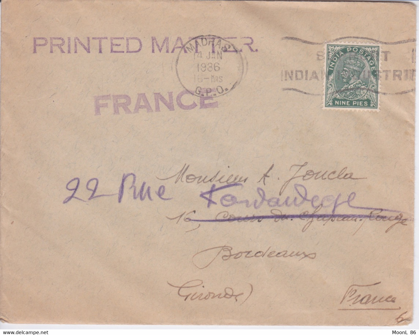 MARCOPHILIE - INDE-1929 -Lettre De MADRAS G.P.O Pour BORDEAUX (France) - Timbre Seul Sur Lettre - Cachet ARCHEVEQUE - Lettres & Documents