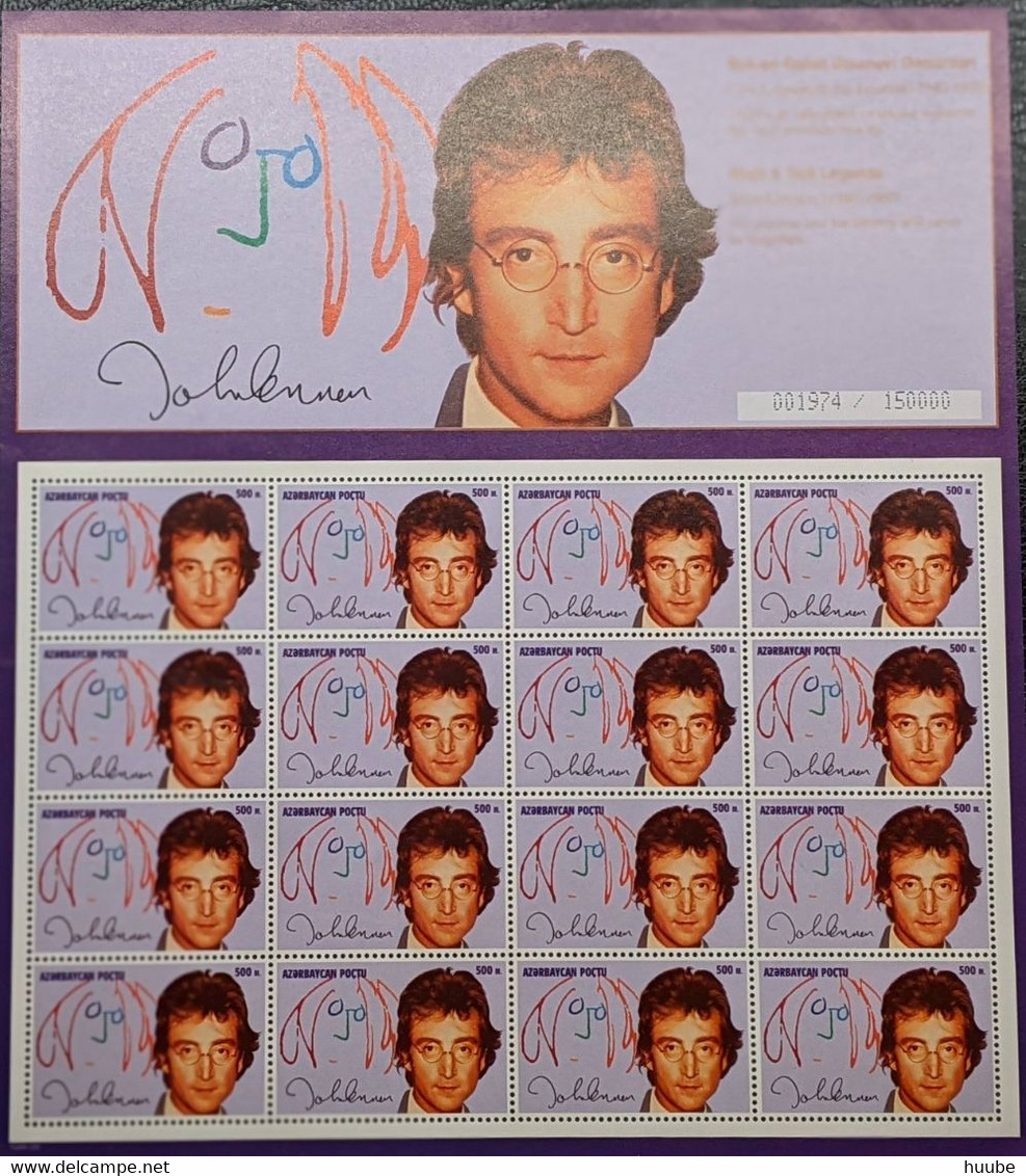 Azerbaijan, 1995, Michel 276, The 15th Anniversary Of The Death Of John Lennon, Sheet Of 16v, MNH - Music