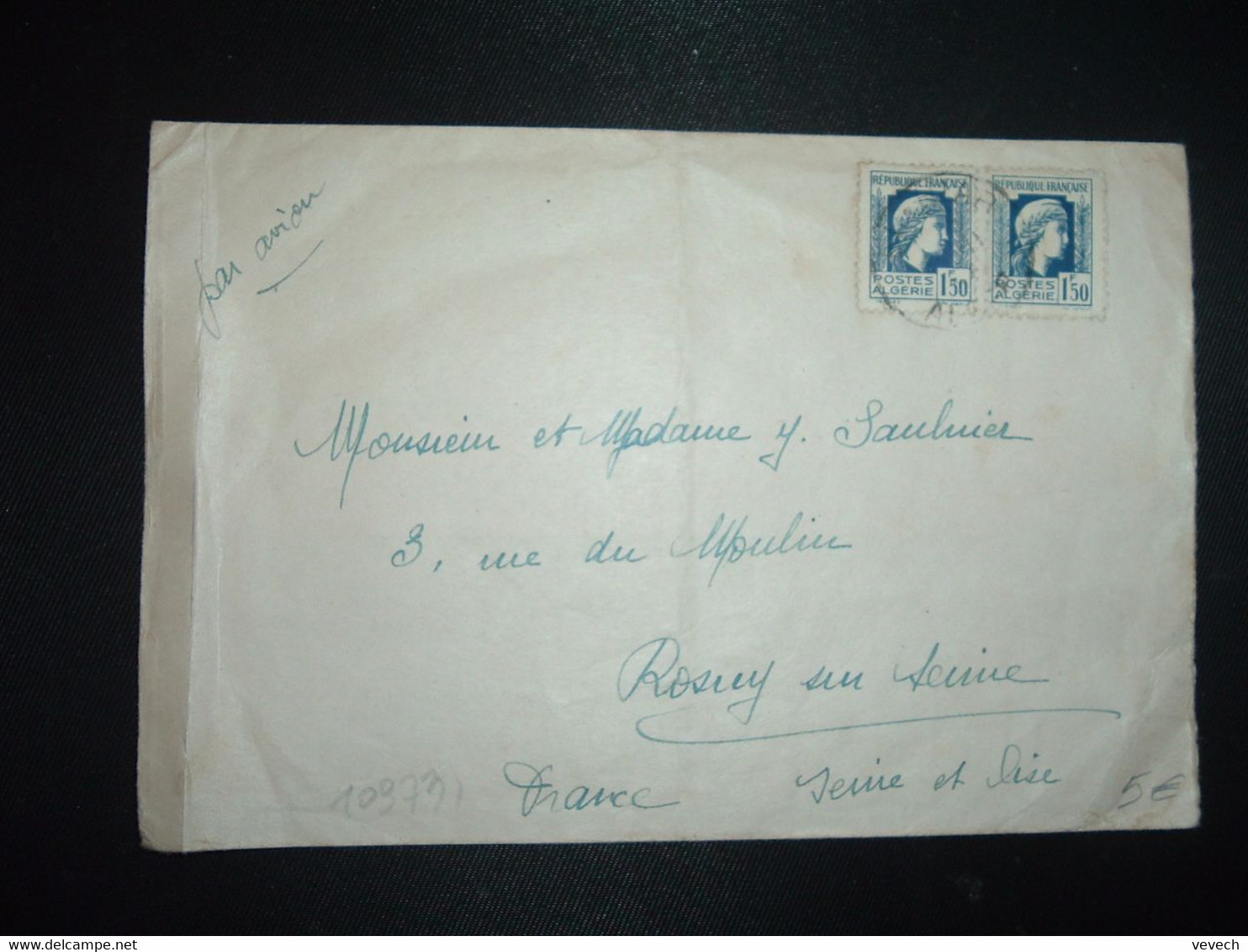 LETTRE Par Avion Pour La FRANCE TP MARIANNE D'ALGER 1F50 O X2 OBL.OBL.?-11 44 EL - BIAR ALGER - 1944 Coq Et Maríanne D'Alger