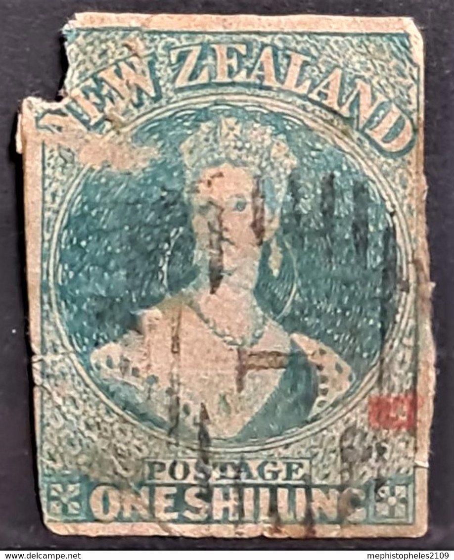 NEW ZEALAND 1861 - Canceled - Sc# 10 - 1sh - Severely Damaged! - Used Stamps