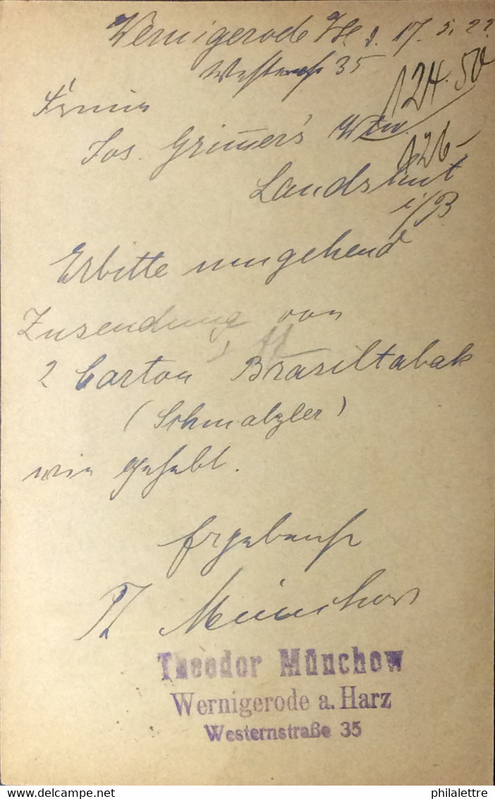 ALLEMAGNE / DEUTSCHLAND 1922 (18/5) Mi.142a, 149a.II Auf Postkarte Mi.P140.I Aus Wernigerode Nach Landshut - Briefe U. Dokumente