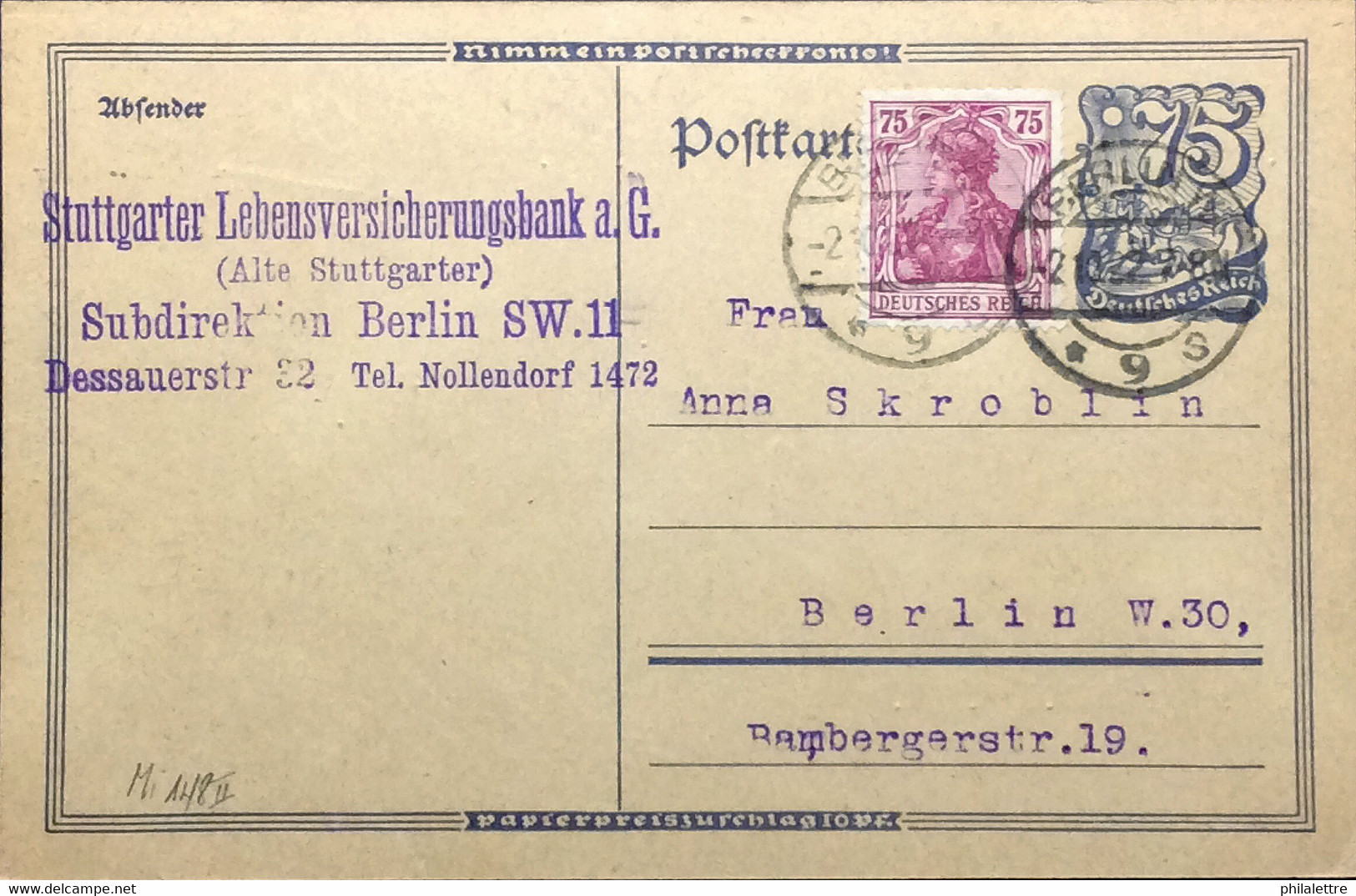 ALLEMAGNE / DEUTSCHLAND 1922 (1/10) Mi.148.II Auf Ortspostkarte Mi.P146 Aus Berlin Nach Berlin - Briefe U. Dokumente