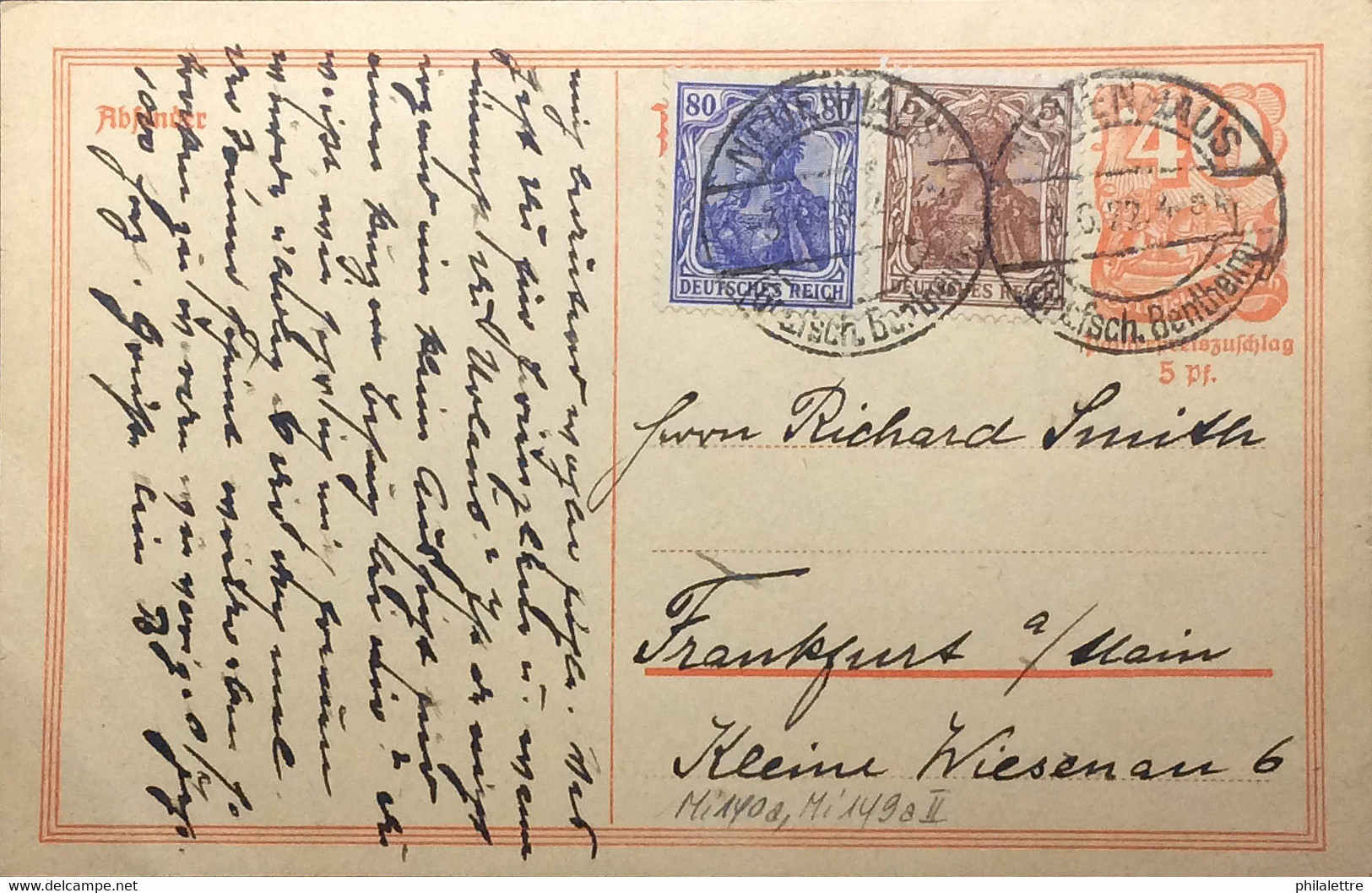 ALLEMAGNE / DEUTSCHLAND 1922 (3/6) Mi.140a & 149aII Auf Postkarte Mi.P141.I Aus Neuenhaus Nach Frankfurt - Briefe U. Dokumente