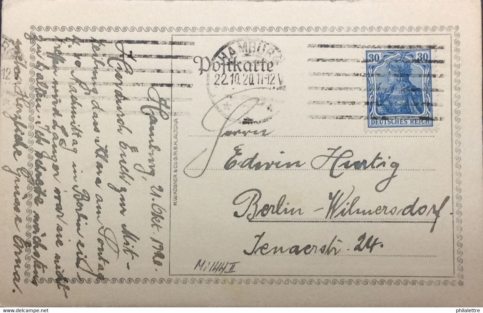 ALLEMAGNE / DEUTSCHLAND 1920 (22/10) Mi.144.II Auf Postkarte Hamburg Nach Berlin - Briefe U. Dokumente