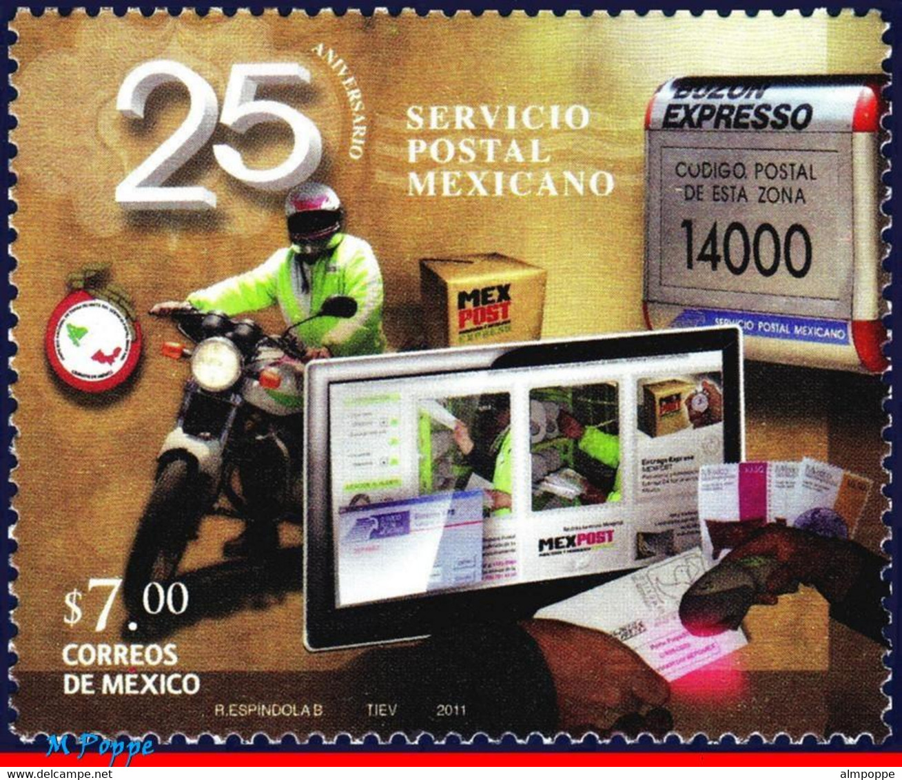 Ref. MX-2747 MEXICO 2011 POST, 25TH ANNIV.POSTAL SERVICE, , MOTORCYCLE, COMPUTER, MNH 1V Sc# 2747 - Mexico