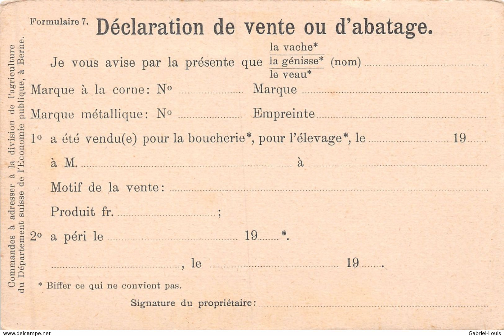 Suisse - Déclaration De Vente Ou D'abatage De Vache Génisse Veau - 1919 - Syndicat D'élevage - Farmers