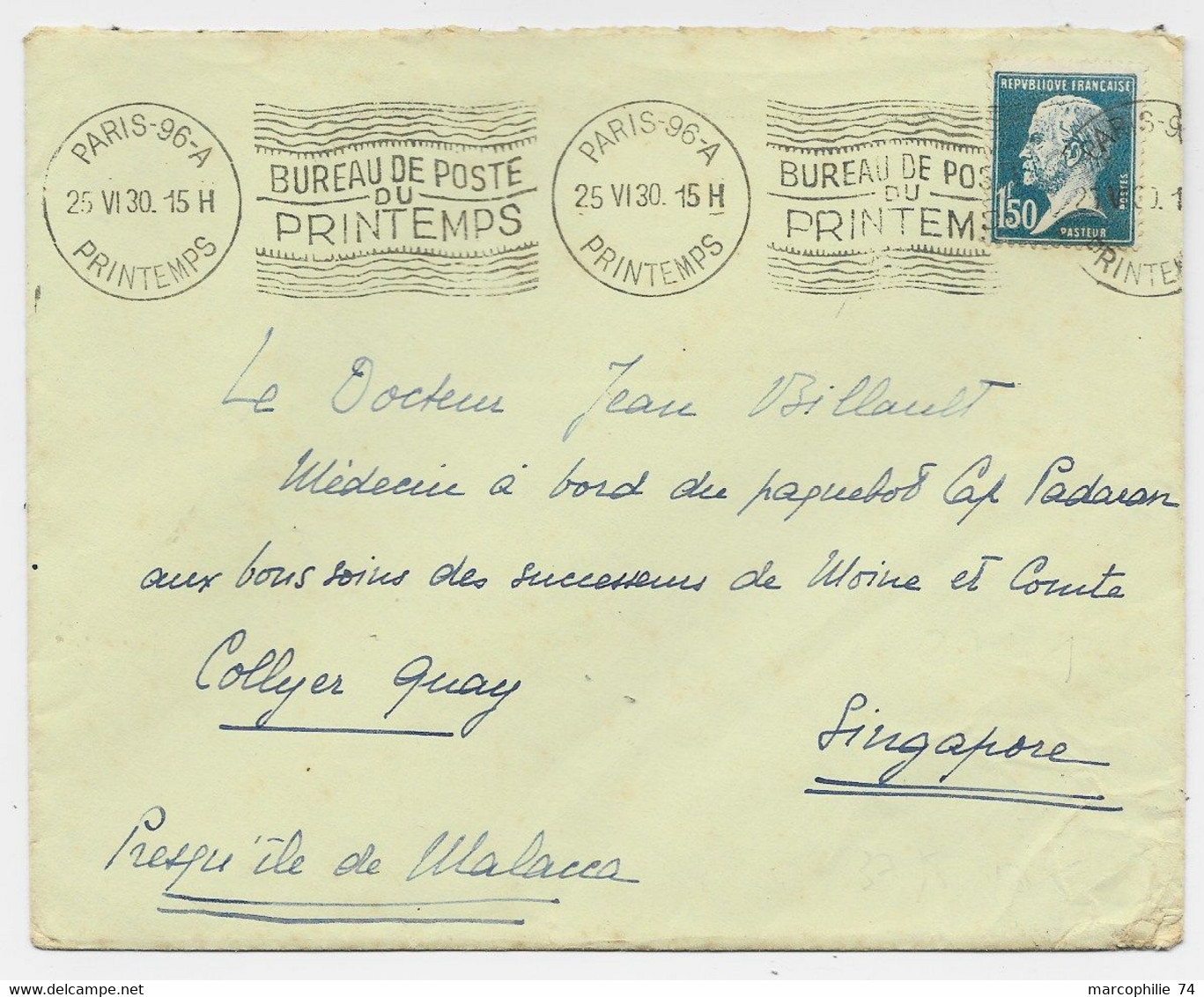 FRANCE PASTEUR 1FR50 LETTRE COVER  MEC KRAG BUREAU DU PRINTEMPS PARIS 96A 25.VI.30 POUR SINGAPORE ILE MALLACA SUPERBE - Annullamenti Meccanici (pubblicitari)