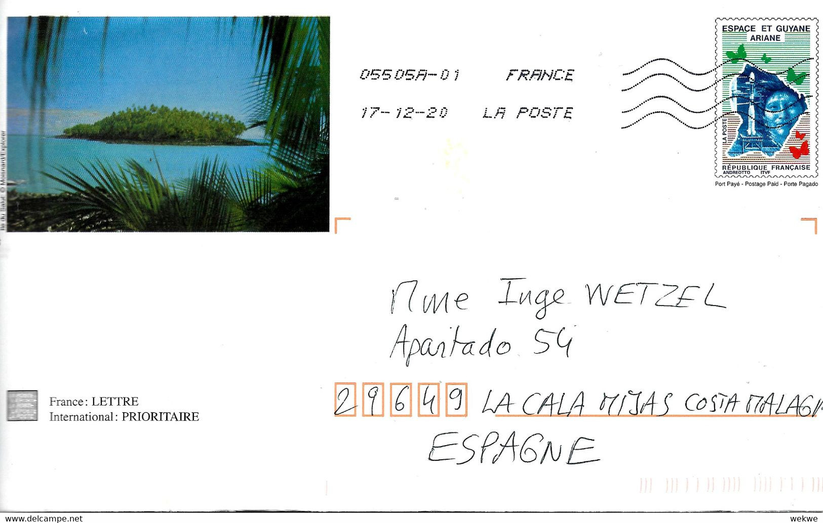 FRANKREICH XXL430/ Ganzsache Guyana  Rakete, Nach Spanien Versandt 2020 - Private Stationery