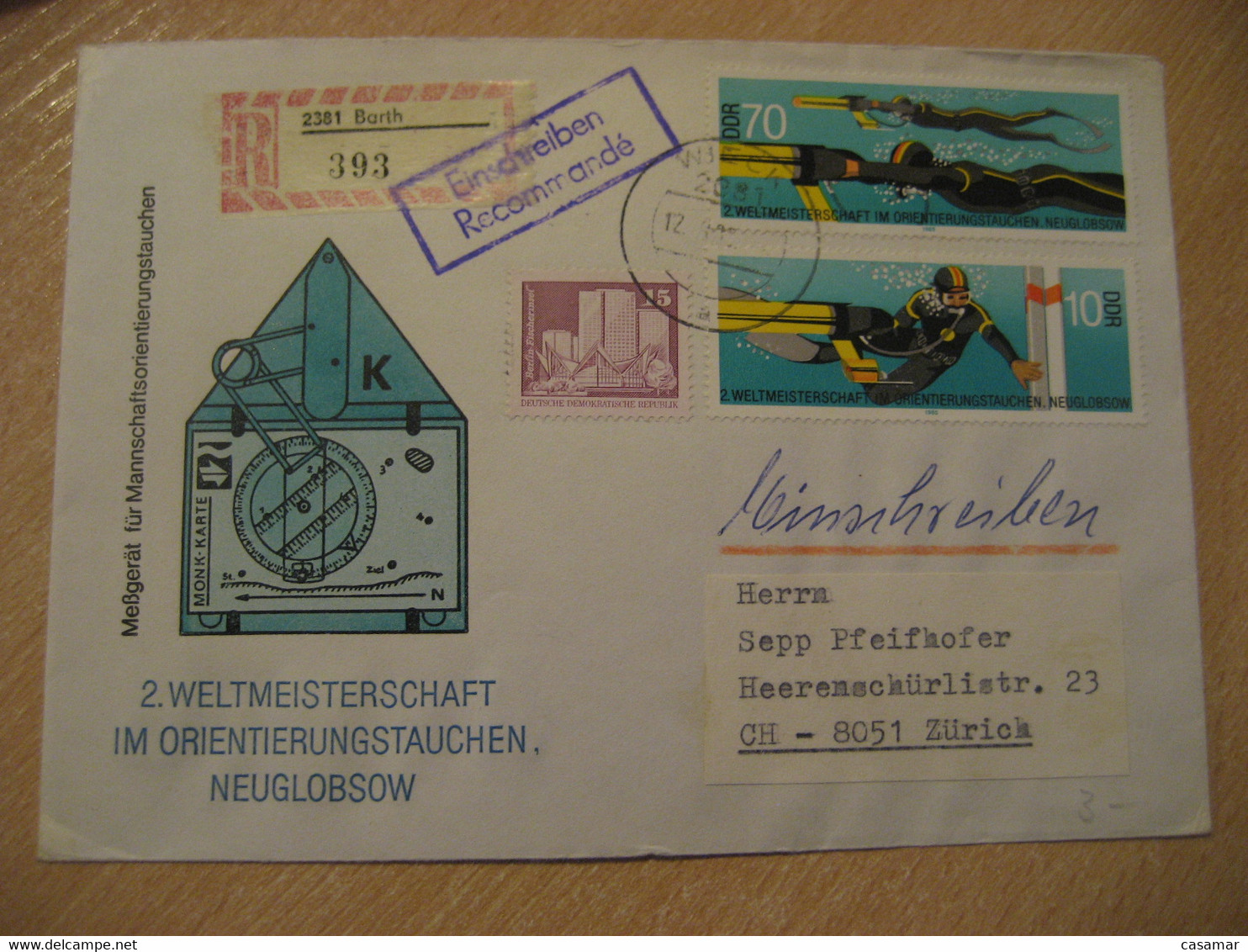 WIECK BARTH 1985 Yvert 2585/6 Orienteering Orientation Diving Neuglobsow Cancel Registered Cover DDR GERMANY - Tauchen