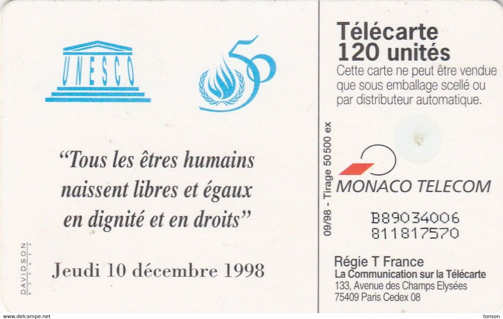 Monaco, MF51 (006), 120 Units, 1948-1998 Droits De L'Homme - Serie B89034006, 2 Scans. - Monaco