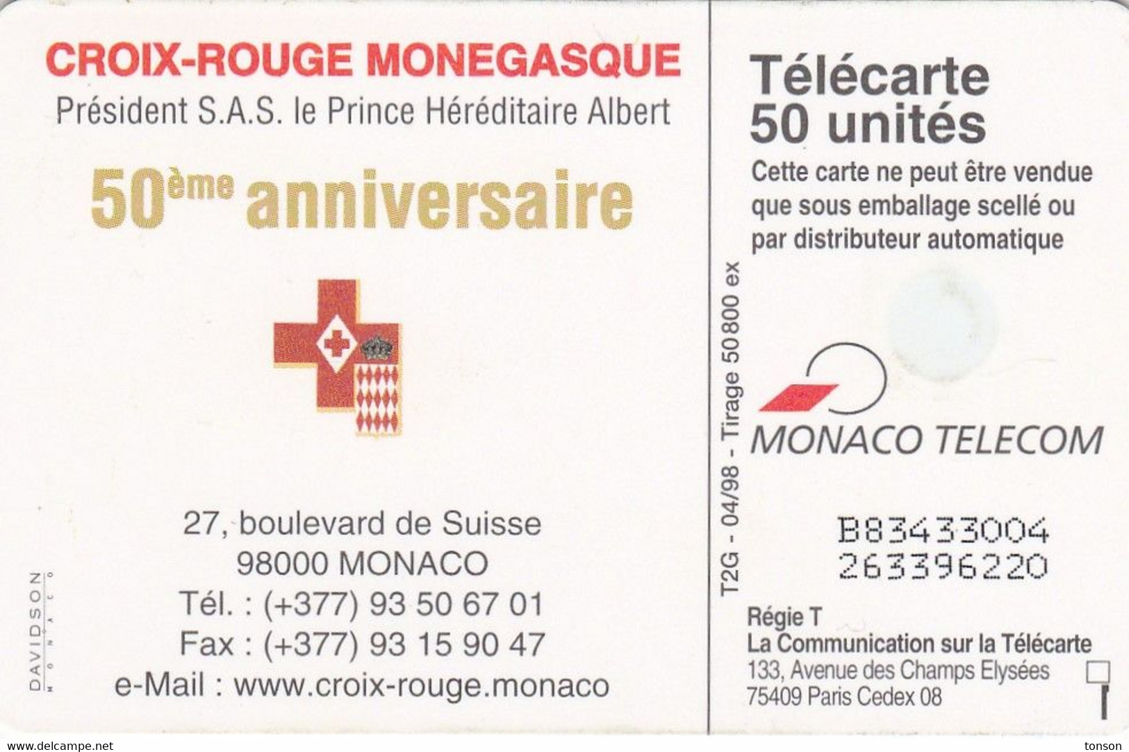 Monaco, MF48 (004), 50 Units,  Croix-Rouge Monegasque - Serie B83433004, Red Cross, 2 Scans.  Not In Colnect Catalogue - Monaco