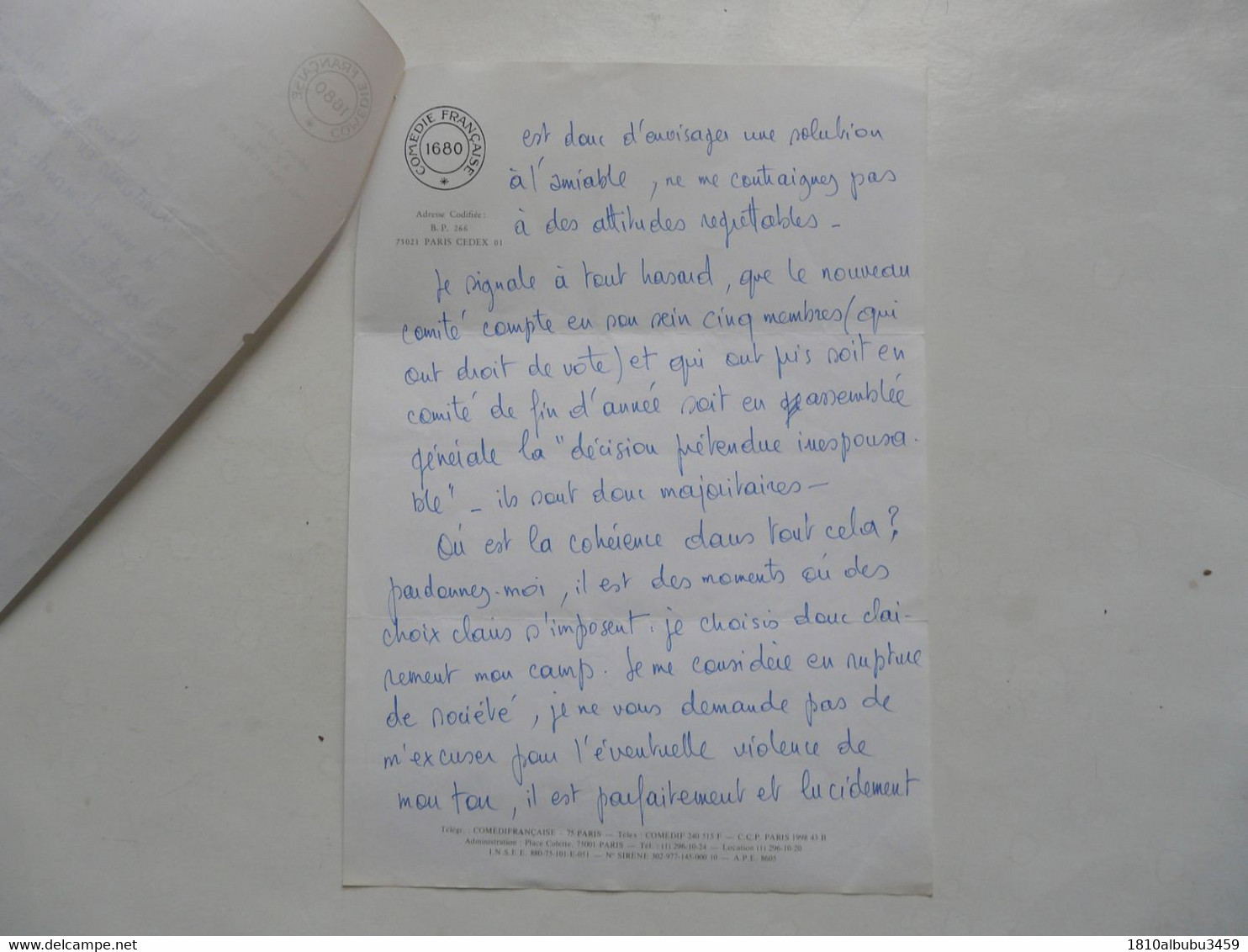 VIEUX PAPIERS - COMEDIE FRANCAISE : Lettre De Démission Du Comité - Explications - Sonstige & Ohne Zuordnung