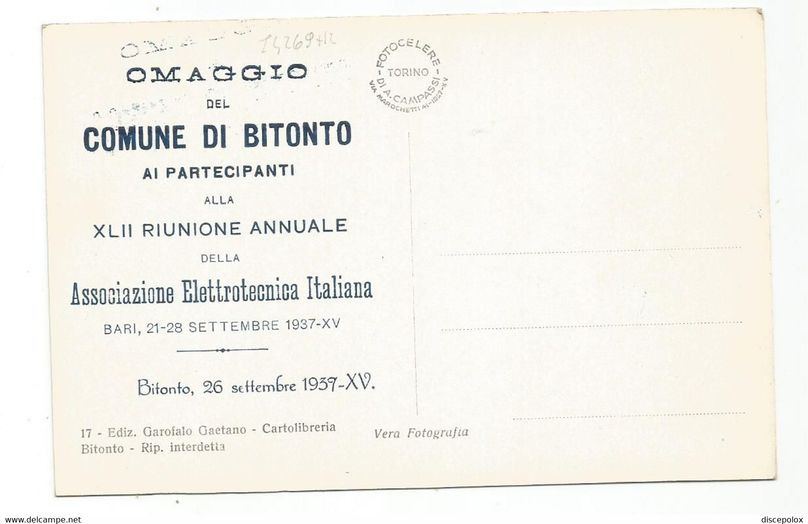 I4269 Bitonto (Bari) - Portale Della Chiesa Di San Francesco - XLII Riunione Associazione Elettrotecnica Italiana 1937 - Bitonto