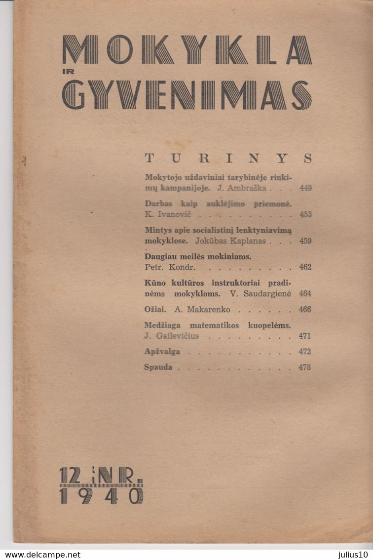 Magazine Lithuania Mokykla Ir Gyvenimas. 1940 / 12 - Zeitungen & Zeitschriften