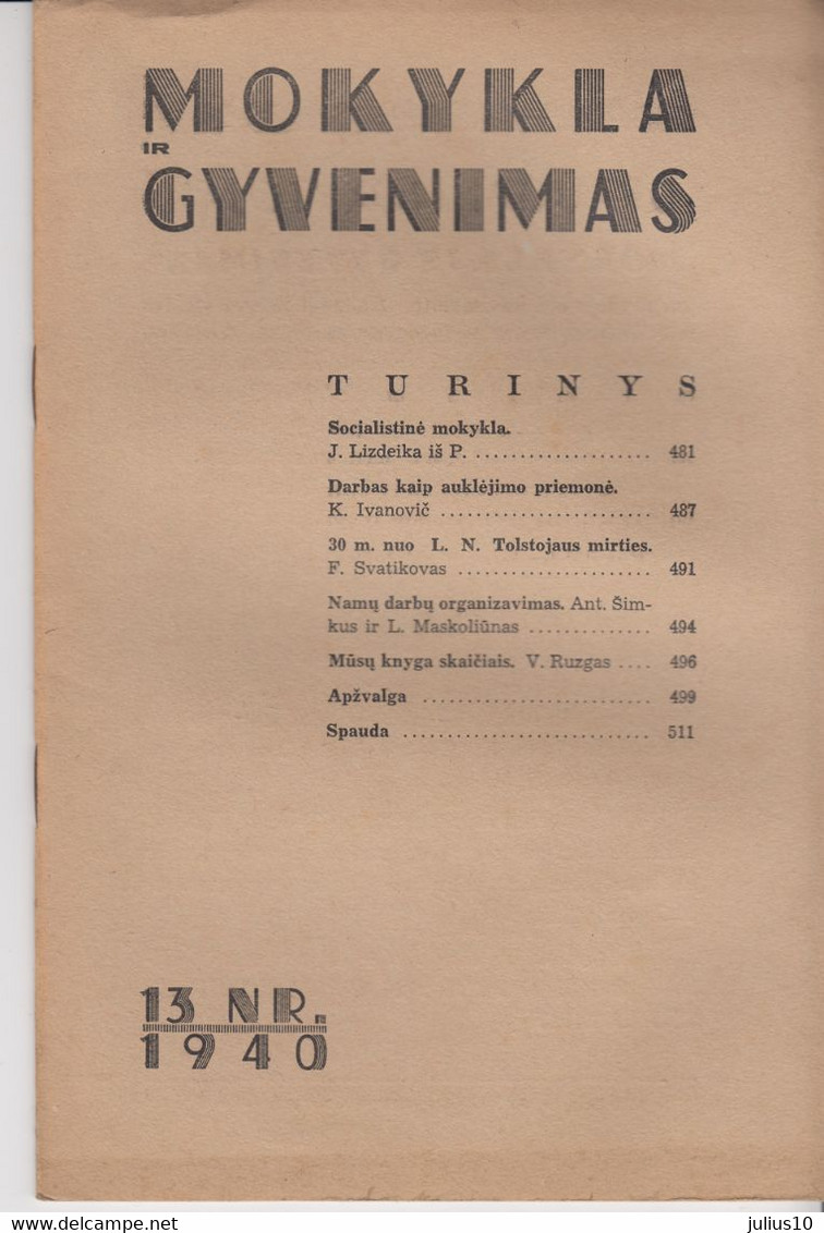 Magazine Lithuania Mokykla Ir Gyvenimas. 1940 / 13 - Revistas & Periódicos