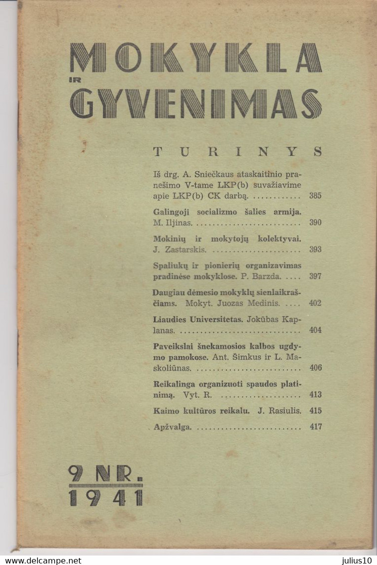 Magazine Lithuania Mokykla Ir Gyvenimas. 1941 / 9 - Revues & Journaux